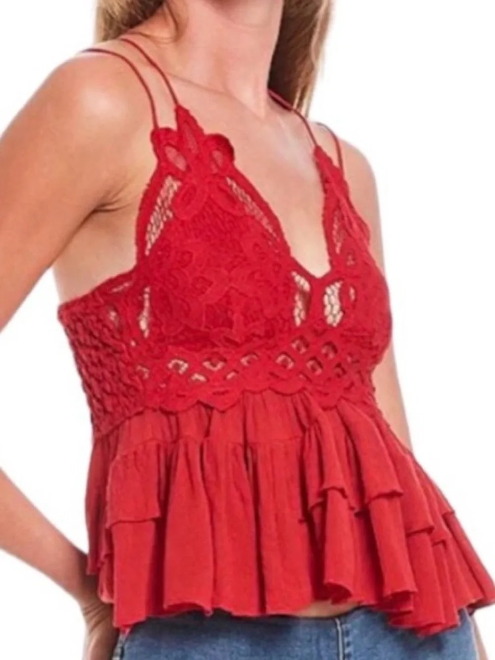 NWT Free People Adella Cherry Red Lace and Ruffle Top